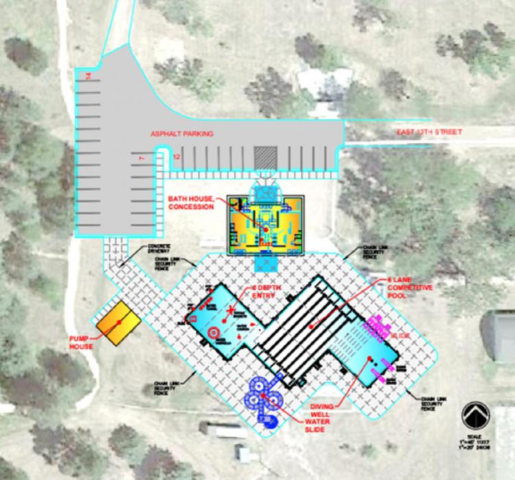 This architect’s drawing shows the layout and location for the proposed new pool.