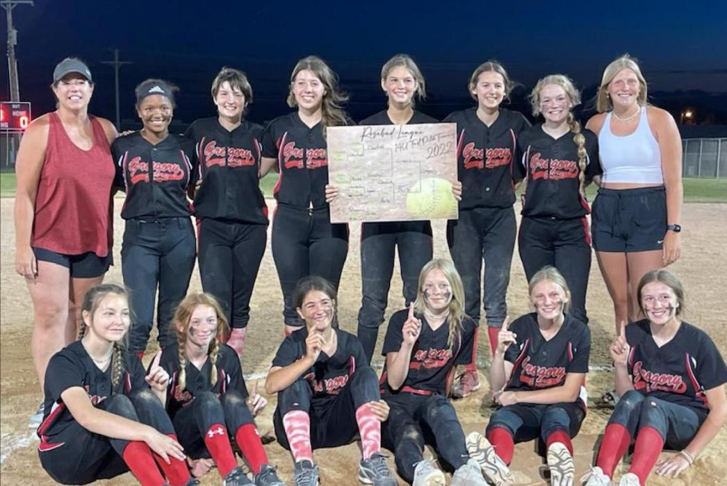Gregory 14U softball team, back row, l to r: Coach Sarah Sperl, Sierra Graesser, Shyanna Steffen, Ella Sperl, Dani VanDerWerff, Regan Graesser, Kaydence Klein, and Coach Gracie Kenzy. Front row, l to r: Kaelynn Rezac, Mia Haines, Marisa Fischer, Miley Janak, Sadie Carlson, and Adelyn Veskrna.