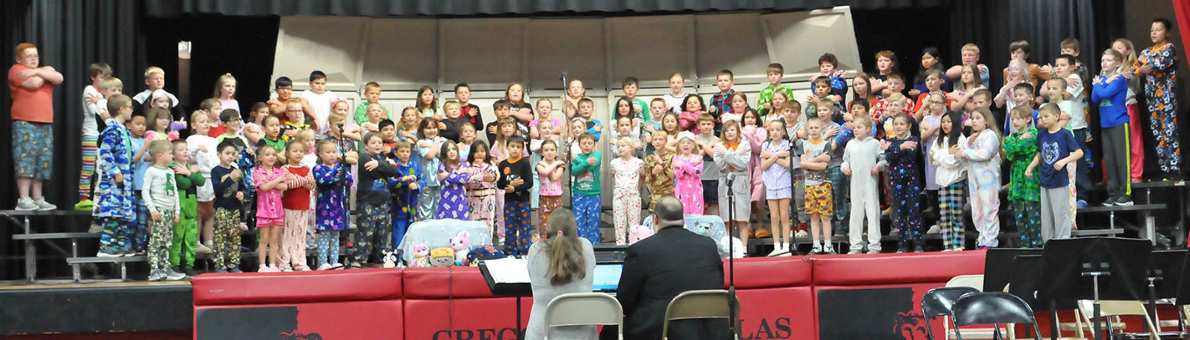 Students in grades 1-3 showed up dressed for a pajama party at the elementary concert, performing songs such as “Pajama Party,” Marching Orders,” Cozy special Friend,” “Under My Bed,” and “A Lullaby for Me.”