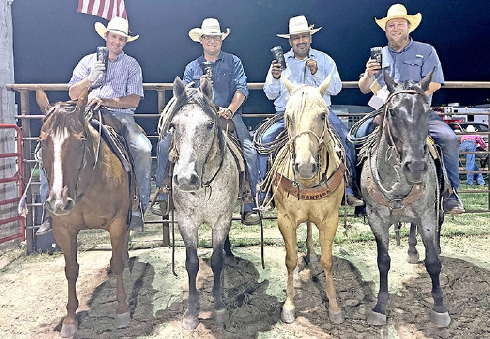 The Dallas Ranch Rodeo was held Saturday, July 5, 2025 at the Dallas Arena, in Dallas, SD. Twelve teams participated, with four members on each team. The Ranch Rodeo consisted of four events including trailer loading, mugging and yoking, branding and doctoring, and a relay race. Winners are shown l to r: Brandon Sears, Jake Coburn, Joan Perez, and Justin Dearmont.
