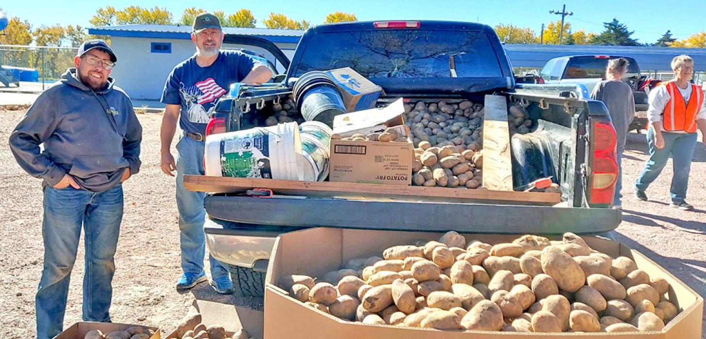 Chris Velder and Conor Selby of O’Neill, NE, delivered a truckload of potatoes to the Feeding South Dakota truck while it was in town Friday, October 20. They had gleaned the potatoes after the potato harvest in O’Neill and Page, NE, farms, and had at least twice this amount yet to drop off. Marcy Creekmur stated that anyone is welcome to donate food or money to Feeding South Dakota. Call the office in Pierre at 605-224-1158 for more information.